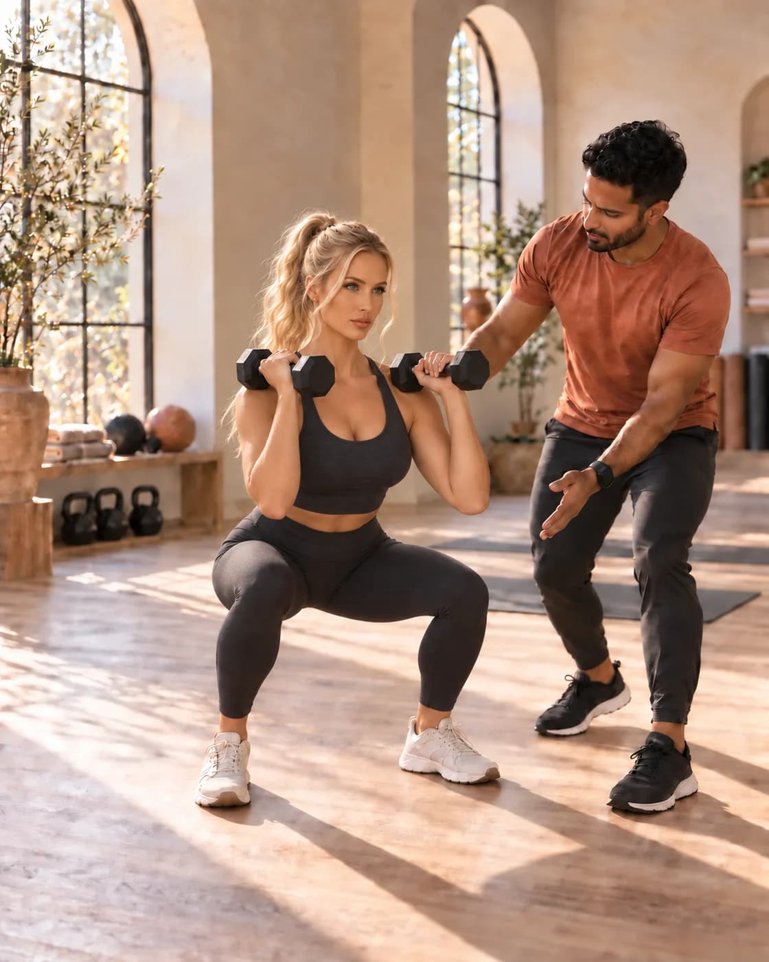 A male personal trainer wearing an Apple Watch coaching a blonde client through a dumbbell squat in a sunlit studio.