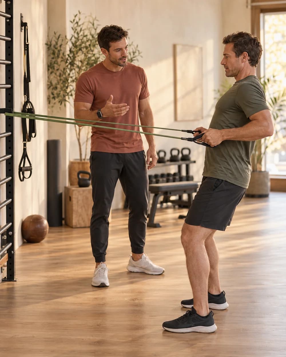 Male personal trainer wearing an Apple Watch coaching a client through a resistance-band row in a sunlit studio