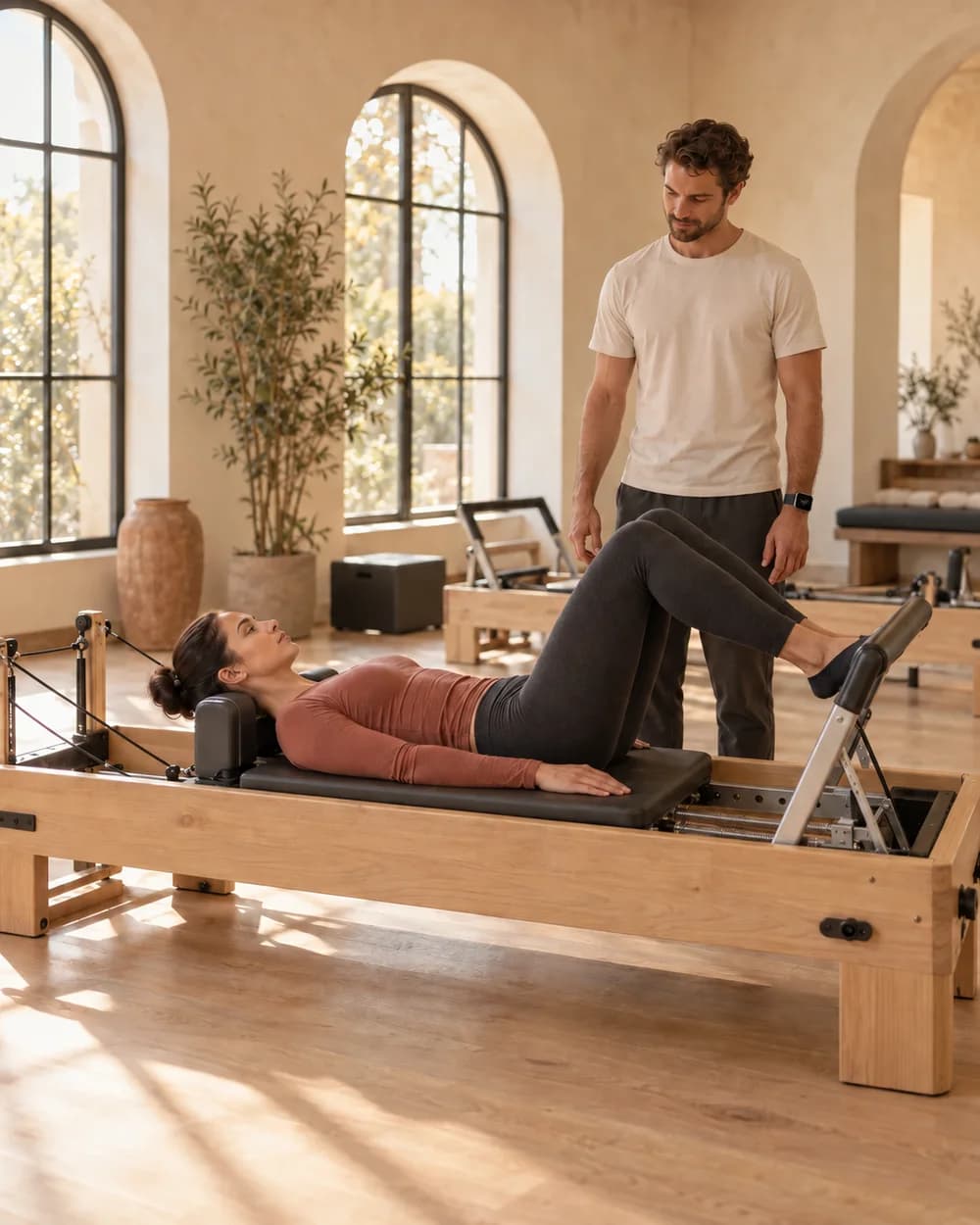 Pilates client on a wooden reformer with a male instructor beside her