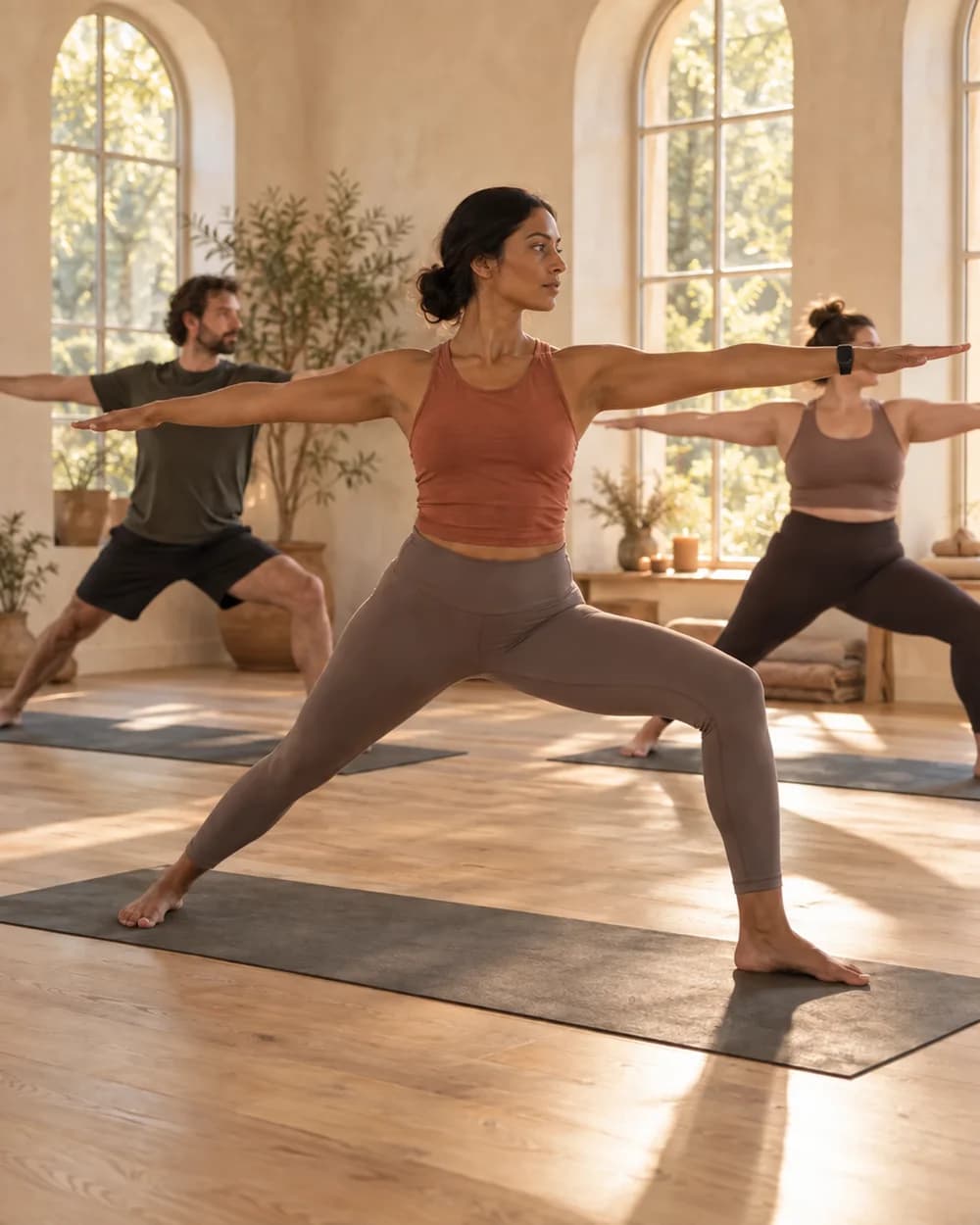 Yoga instructor leading two adults in warrior pose in a warm, naturally lit studio