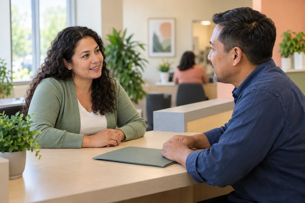 Resident speaking with a community service staff member across a desk