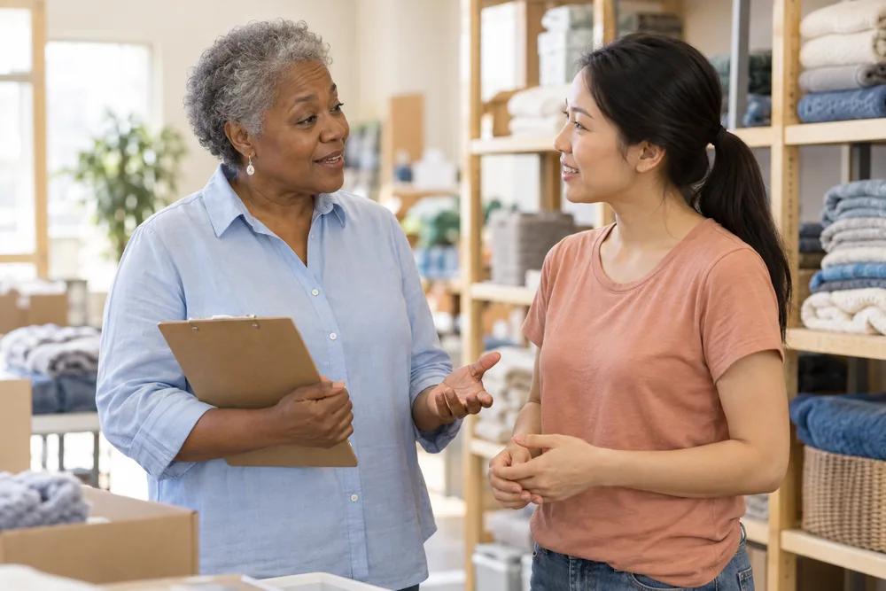 Volunteer coordinator speaking with a prospective volunteer at a community outreach center