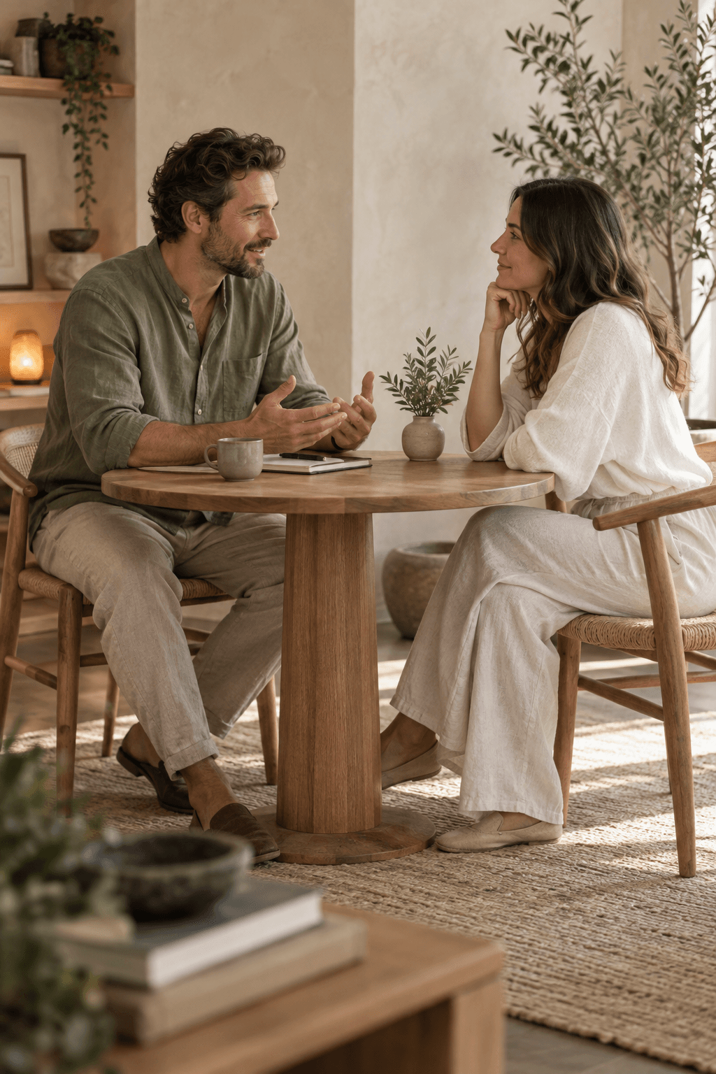 Wellness practitioner and client having a relaxed consultation in a sunlit studio