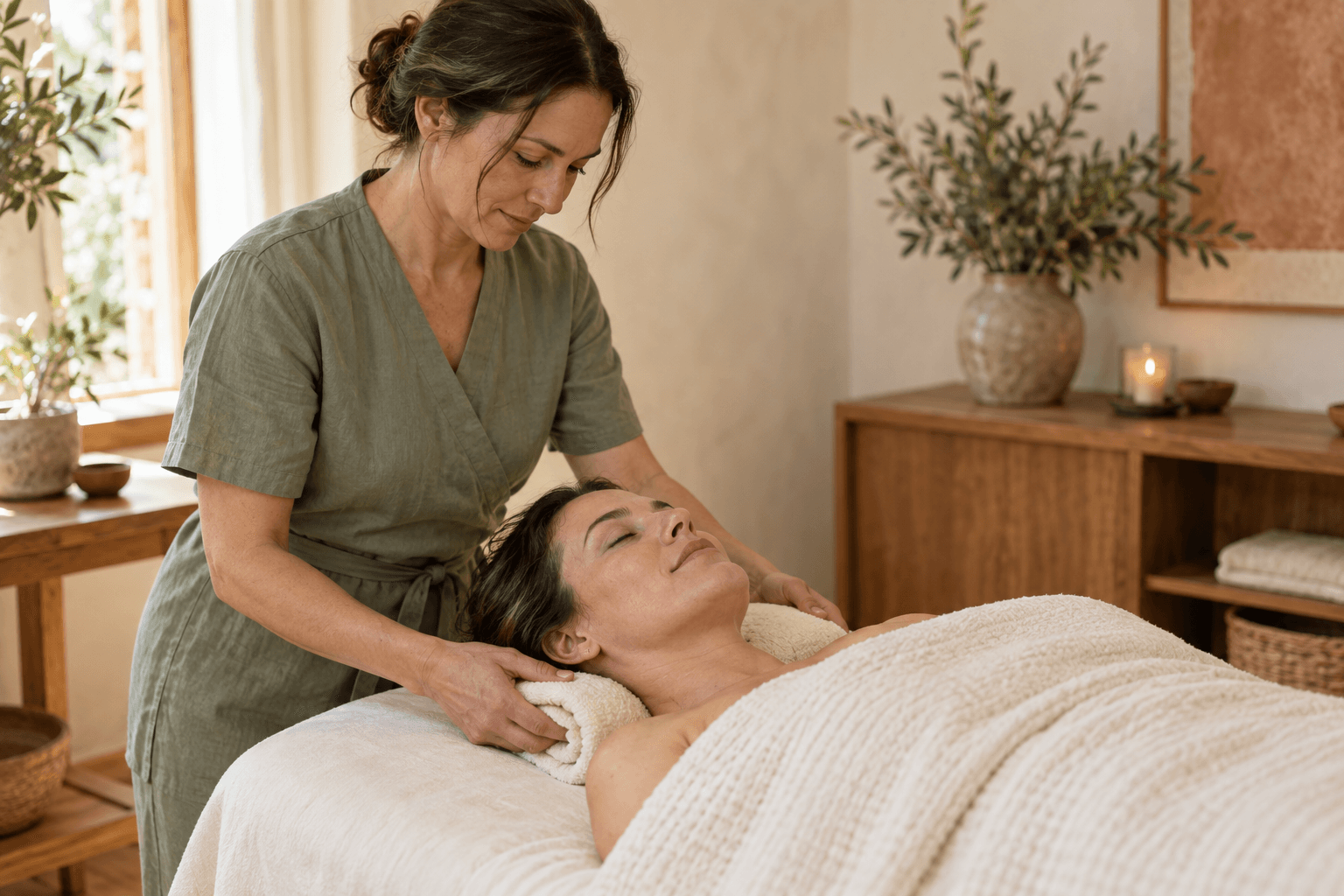 Massage therapist preparing a towel for a client resting comfortably under a cream blanket