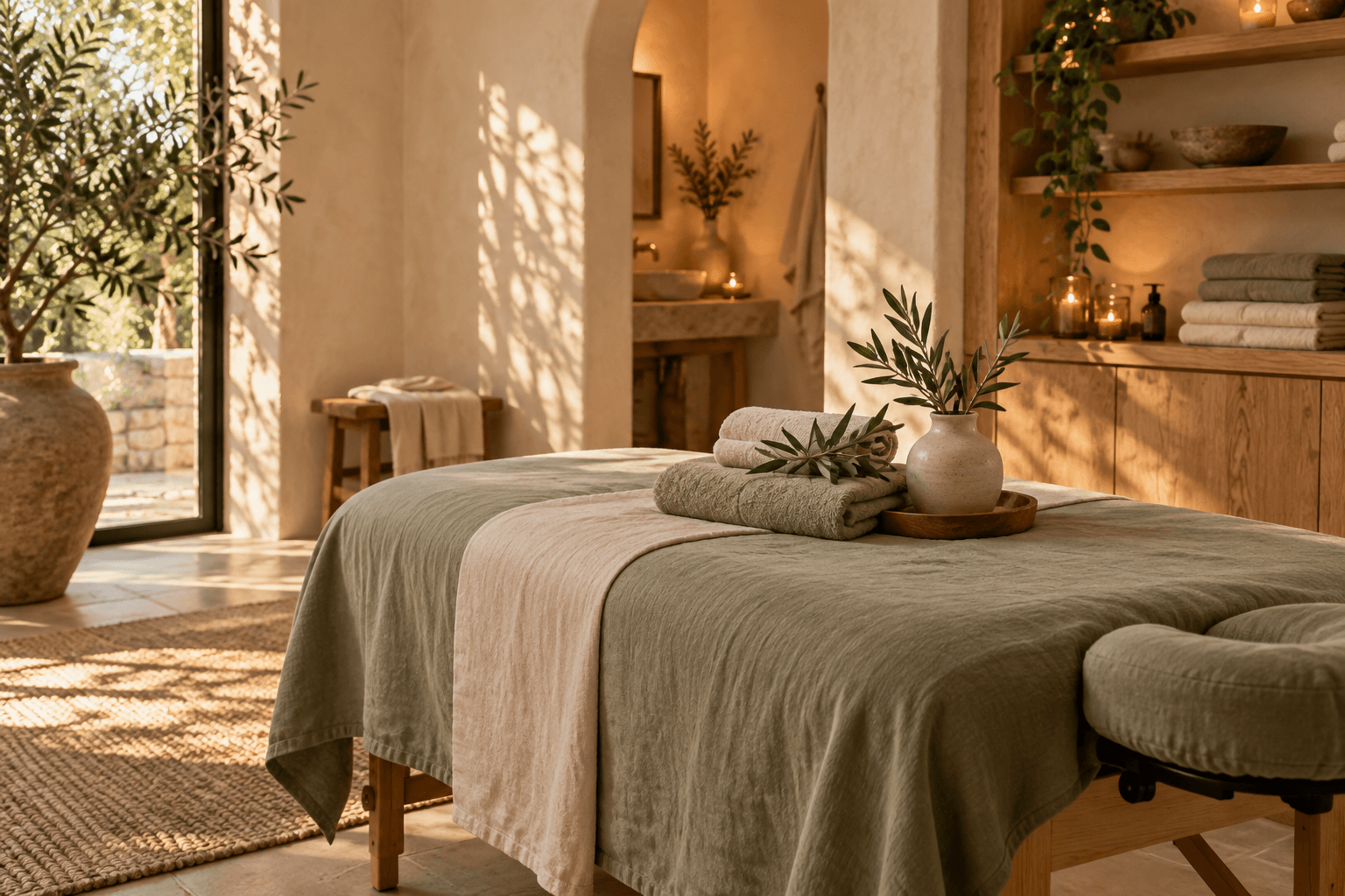 Peaceful treatment room with sage linens, folded towels and natural light