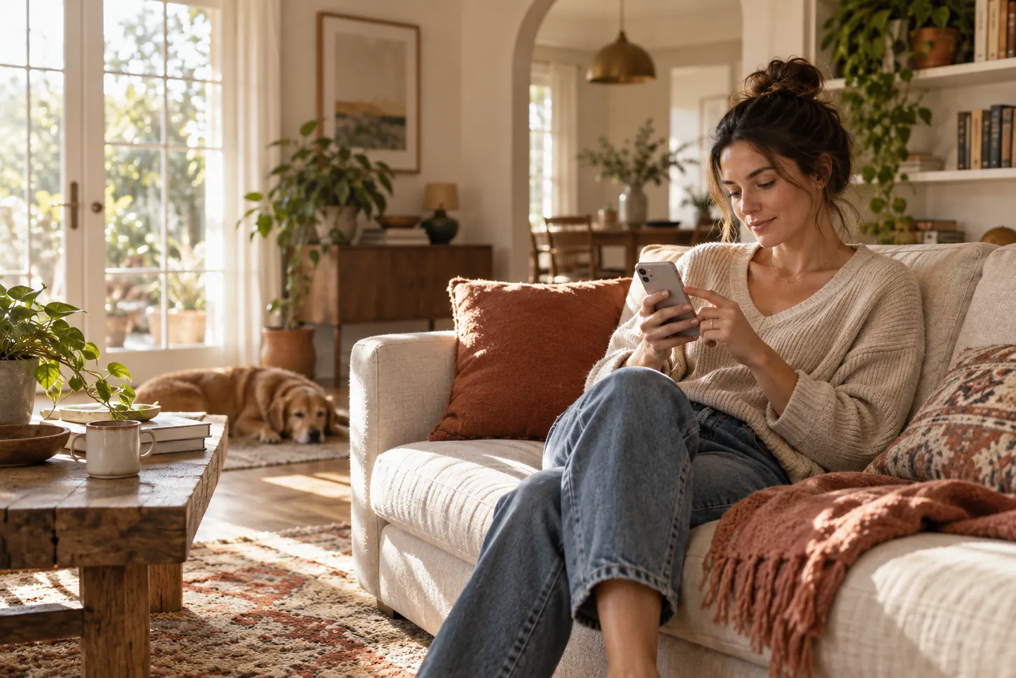 Customer at home using her phone to arrange a home service visit