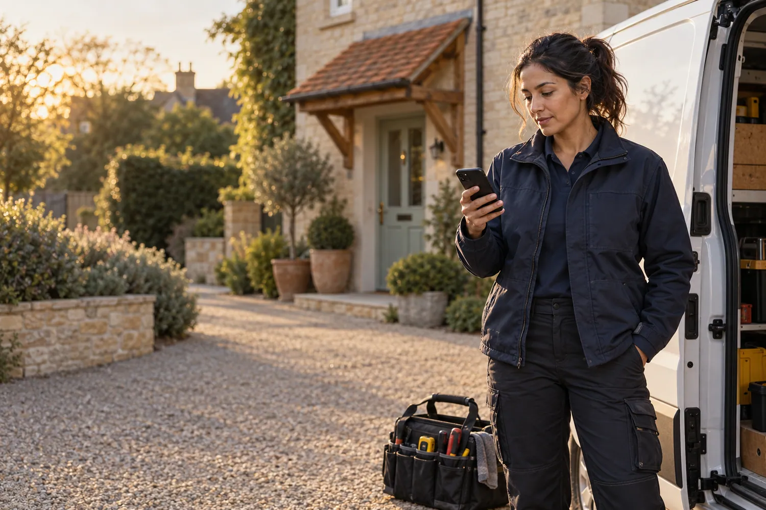 Field service professional checking job details on her phone outside a customer's home