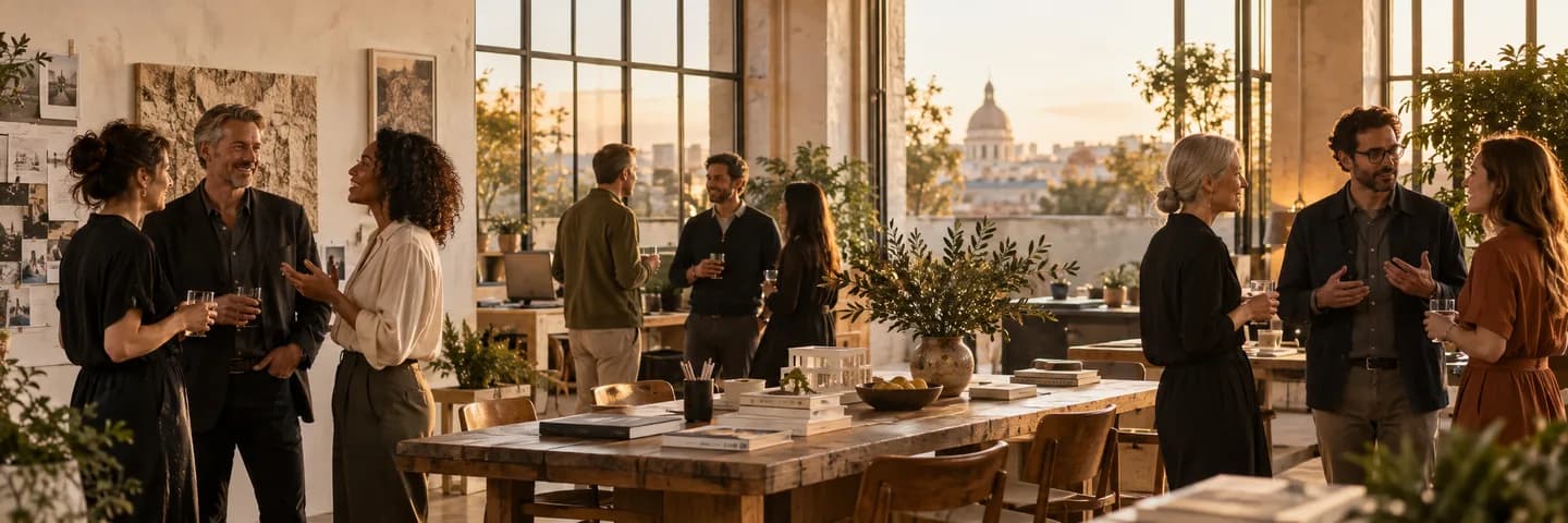 Guests chatting at a warm, sunlit business gathering