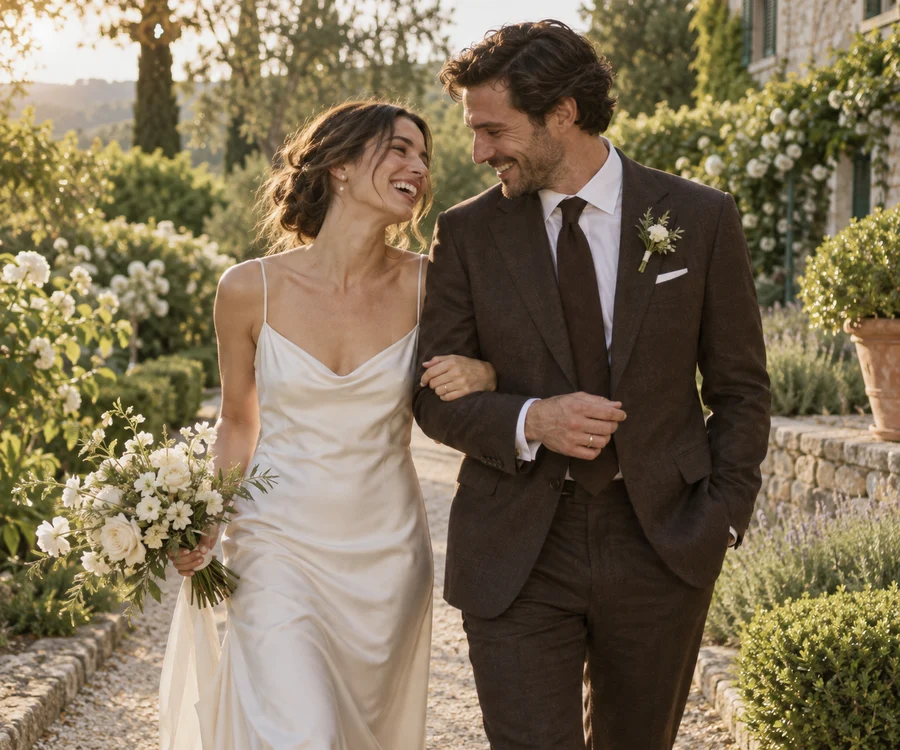 Newlywed couple walking together through a sunlit garden