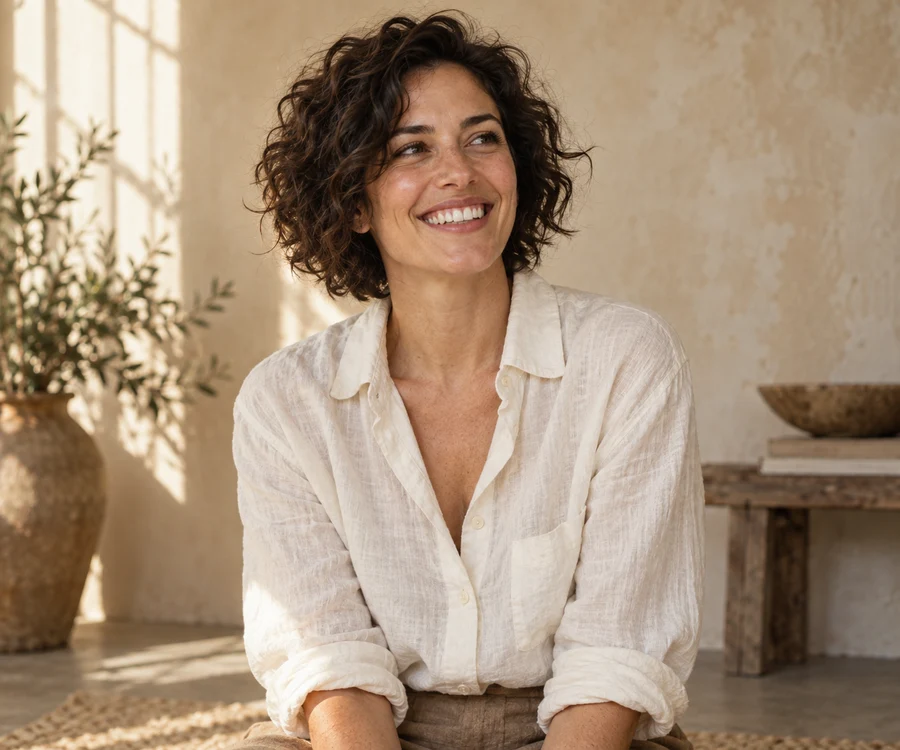 Smiling portrait client in an ivory shirt in a sunlit studio