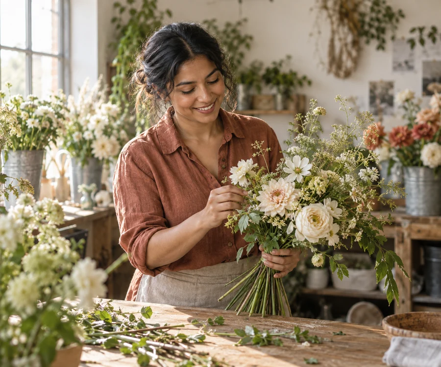 Florist arranging a bouquet during a brand photography session