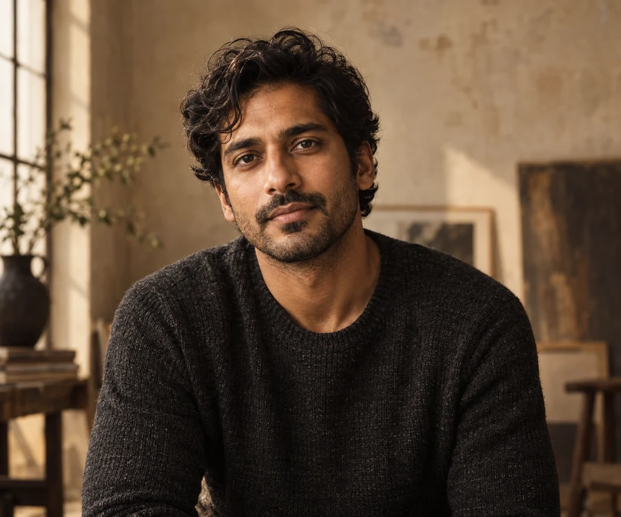 Portrait of a man in a charcoal shirt in a daylight studio