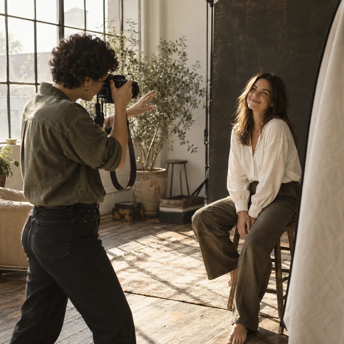 Photographer directing a portrait client beside a studio window