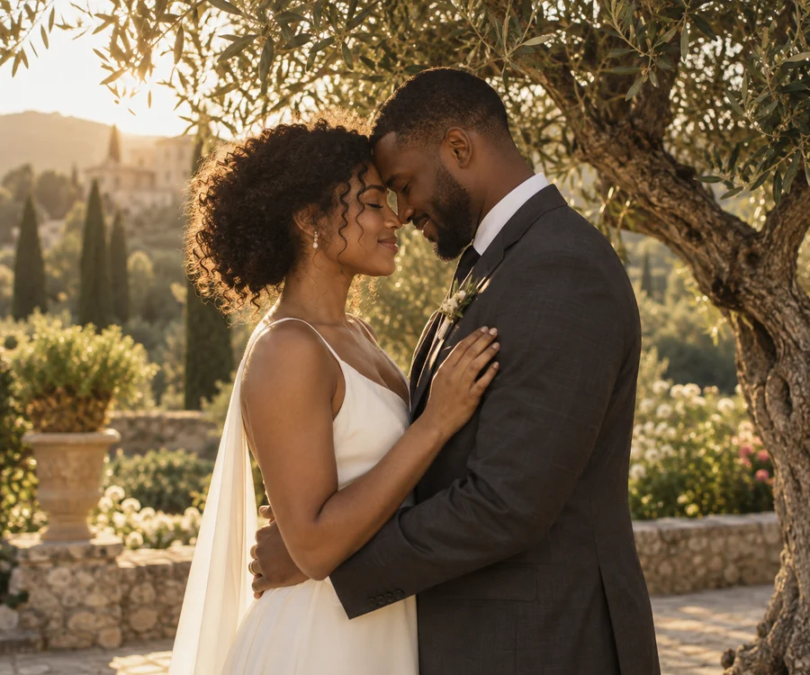 Newlywed couple touching foreheads beneath an olive tree
