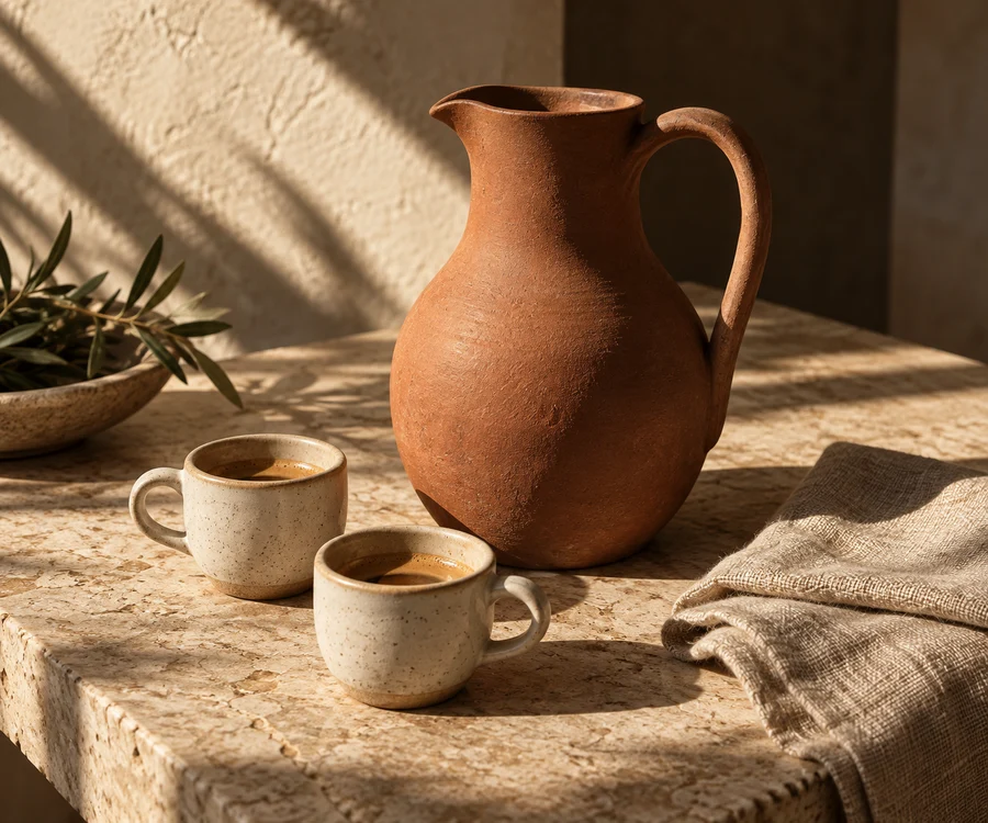 Terracotta pitcher and cream espresso cups styled on limestone