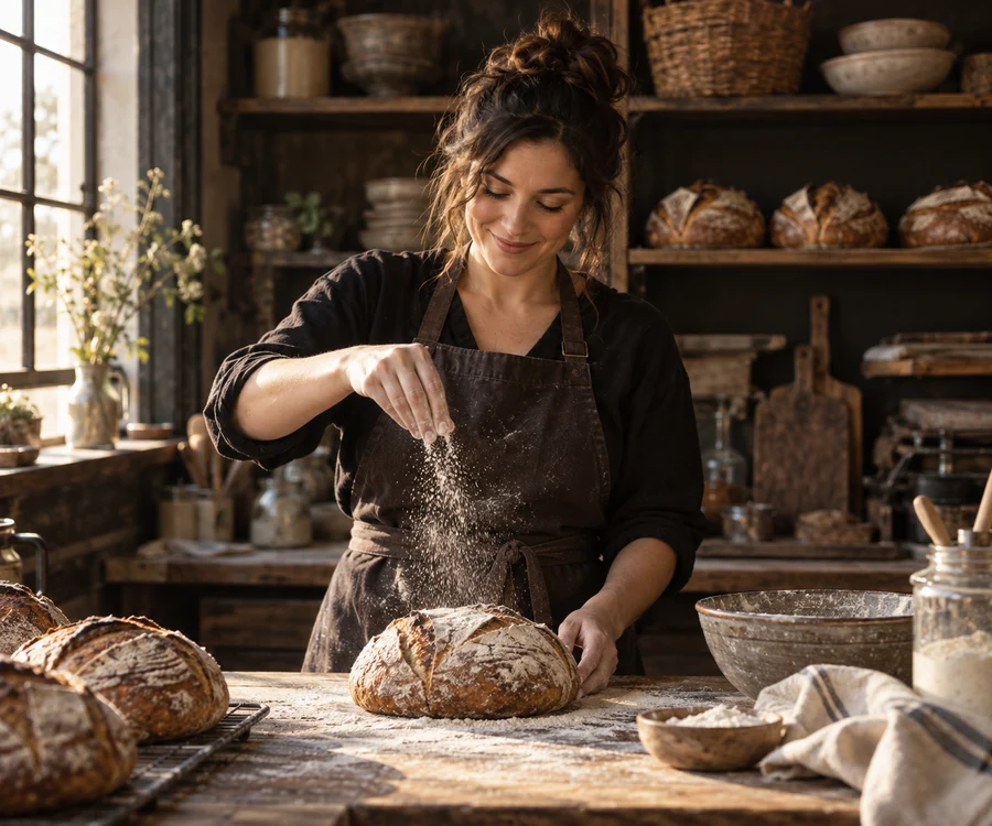 Baker preparing sourdough bread during a bakery brand photography session