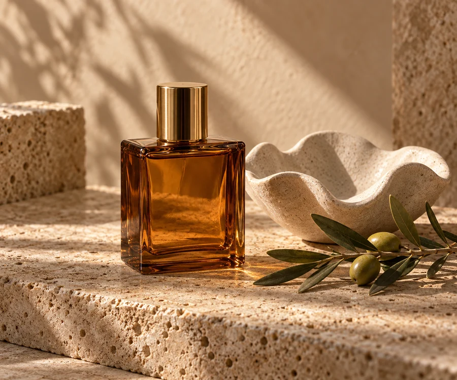 Amber perfume bottle and ceramic dish styled for a product shoot