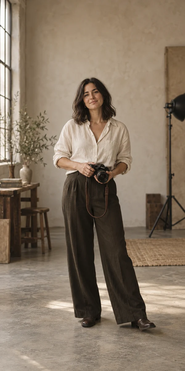 Professional photographer holding her camera in a daylight studio