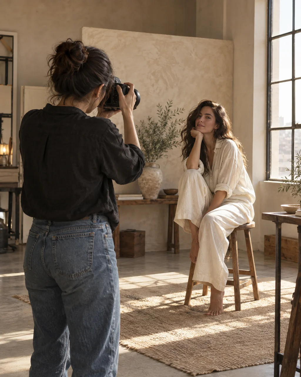 Photographer capturing a seated portrait client in a sunlit studio
