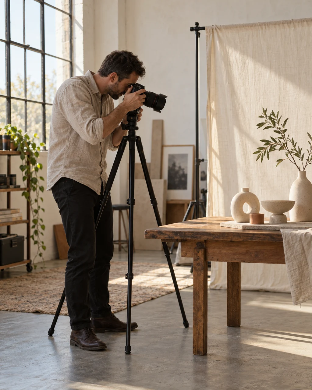 Photographer using a tripod-mounted camera to photograph ceramics in a sunlit studio