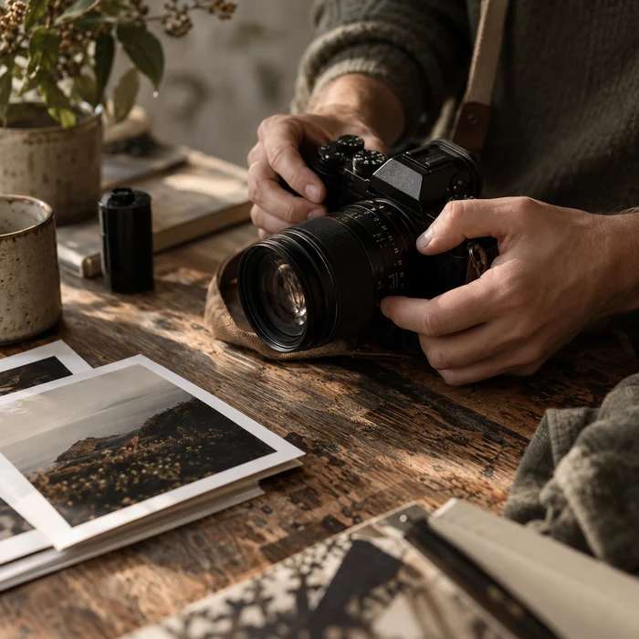 Photographer adjusting a camera lens at a wooden studio worktable