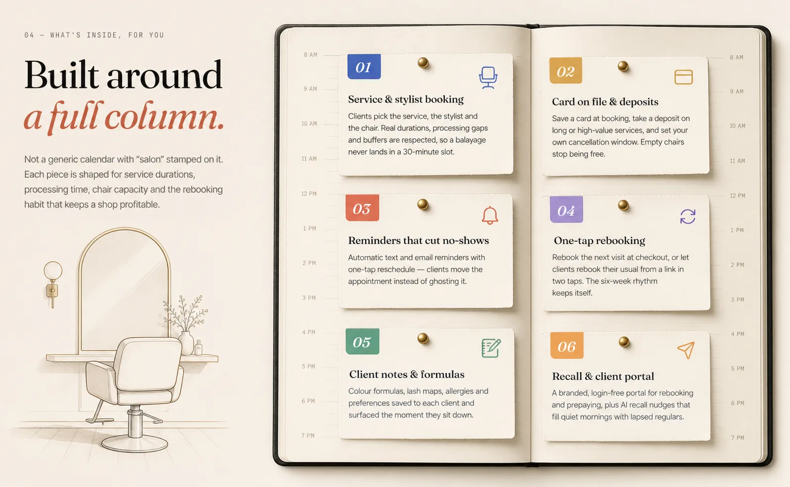 Six salon modules pinned into an appointment book: service and stylist booking, card on file and deposits, reminders that cut no-shows, one-tap rebooking, client notes and formulas, and recall with a client portal.